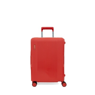 Mala de viagem rígida vermelha com pega superior ajustável e quatro rodas