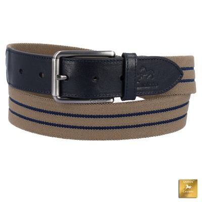 Cinto bege e azul em tecido e pele com fivela metálica