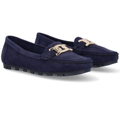 Mocassins azuis escuros de camurça com enfeite dourado