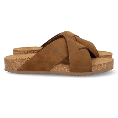 Chinelos castanhos de cunha com tiras cruzadas de camurça e sola de cortiça