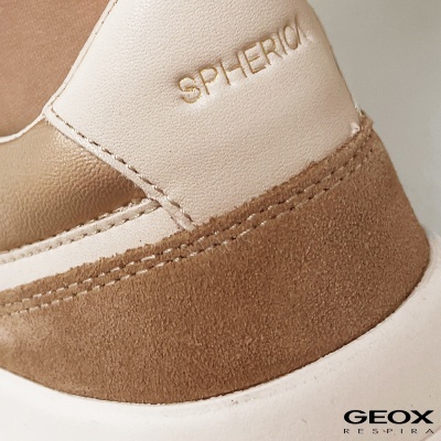 Sapata casual bege e castanha com detalhes em camurça e pele e inscrições SPHERICA e GEOX RESPIRA