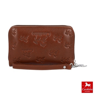 Carteira castanha em pele com padrão em relevo e fecho zip