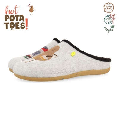 Chinelos de casa cinzentos com padrão gráfico e sola castanha