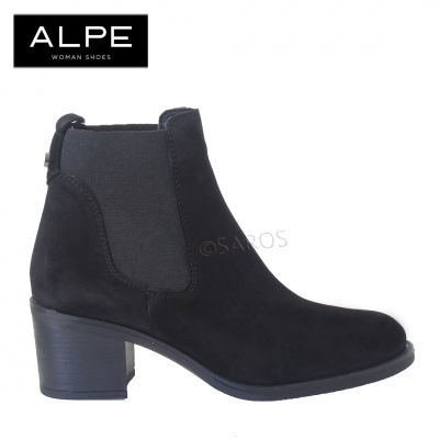 Botim feminino preto ALPE em camurça com salto médio e elástico lateral