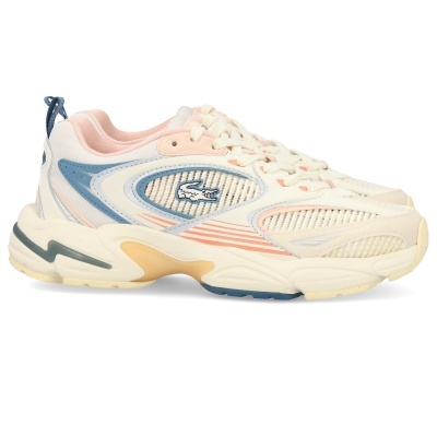 Ténis desportivos creme com detalhes azuis e salmão e logótipo Lacoste lateral