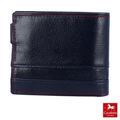 Carteira masculina em pele preta com costuras vermelhas e logo Cavalinho