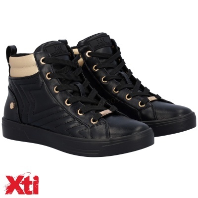 Sapatilhas de cano alto pretas com detalhes bege e atacadores pretos