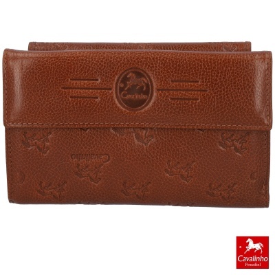 Carteira feminina Cavalinho em pele castanha com padrão de cavalos