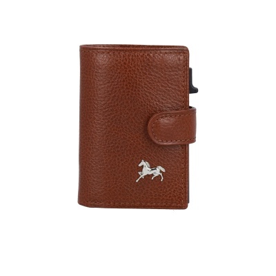 Carteira castanha em couro com fecho e detalhe metálico de cavalo