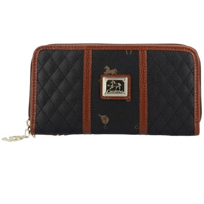 Carteira preta com detalhes em pele castanha e placa metálica Cavalinho