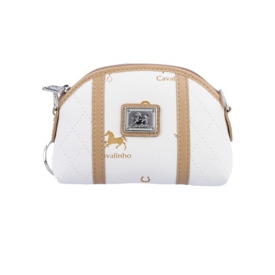 Bolsa de mão pequena branca com padrão de cavalos e ferraduras douradas