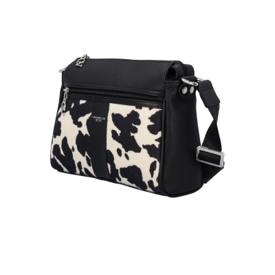 Mala de ombro preta com padrão de pelo preto e branco