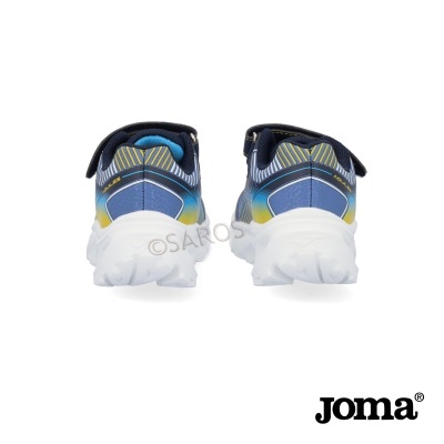 Sapatilhas Joma azuis e amarelas com sola branca vista de trás