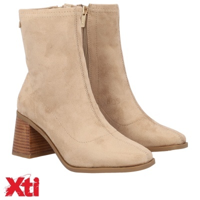 botins femininos bege em camurça com salto bloco castanho e fecho de correr