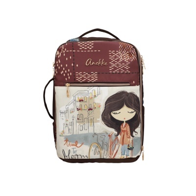 Mochila castanha e bege com ilustração de rapariga e bicicleta