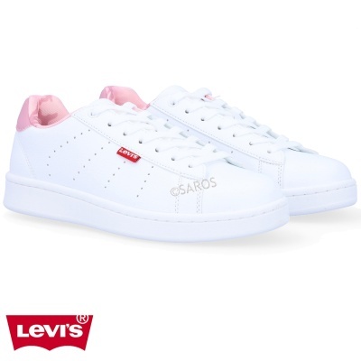 Ténis brancos Levi's com detalhes em rosa e logótipo vermelho