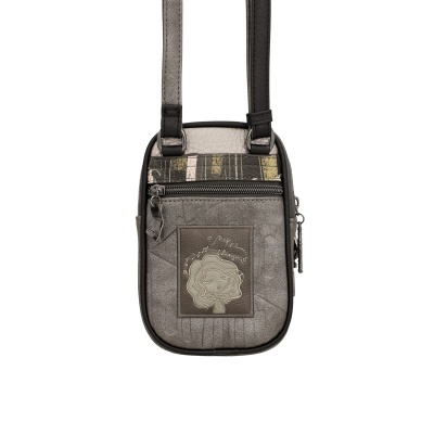 Bolsa tiracolo pequena cinzenta com ilustração e fecho de correr