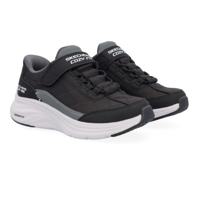 Sapatilhas infantis Skechers pretas e cinza com fecho de velcro e sola branca