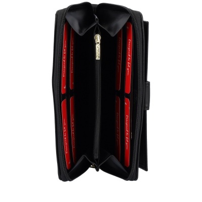 Carteira preta com vários compartimentos e texto vermelho no interior