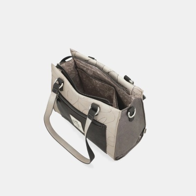 Mala de senhora bicolor bege e castanho com alças e fecho