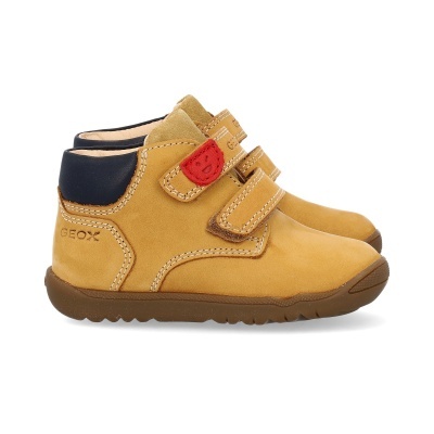 Sapatos infantis Geox camurça bege com velcro e detalhe vermelho