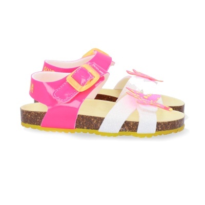 Sandálias infantis rosa e brancas com borboletas e solado de cortiça