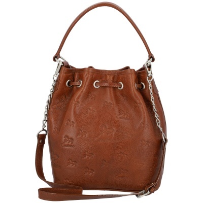 Mala de mão castanha em pele com padrão em relevo e alças com corrente prateada