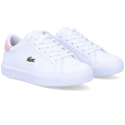 Sapatilhas brancas Lacoste com detalhes rosa e logo crocodilo verde