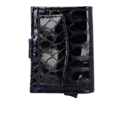 Carteira preta pequena com textura de pele de crocodilo