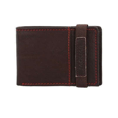 Carteira masculina castanha escura com costura vermelha e fecho elástico com etiqueta JAGUAR