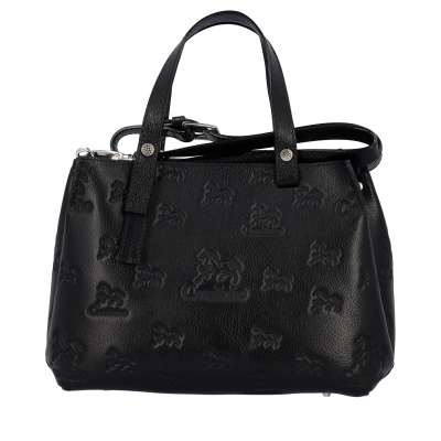 Saco de mão preto com padrão em relevo e alças