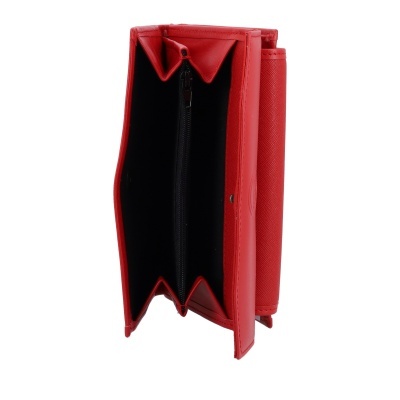 Carteira vermelha aberta com interior preto e fecho de correr