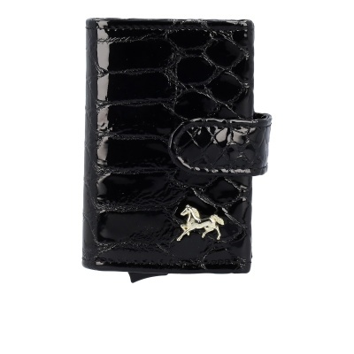 Carteira preta de couro com padrão de crocodilo e fecho de aba