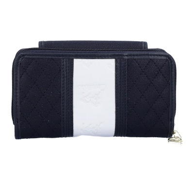 Carteira preta com faixa branca central e fecho de correr metálico