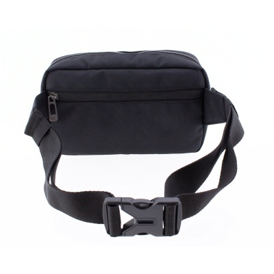 Pochete preta com fechos de correr e cinta ajustável com fivela.