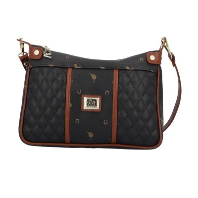 Mala de mão preta com padrão de ferraduras e detalhes em pele castanha