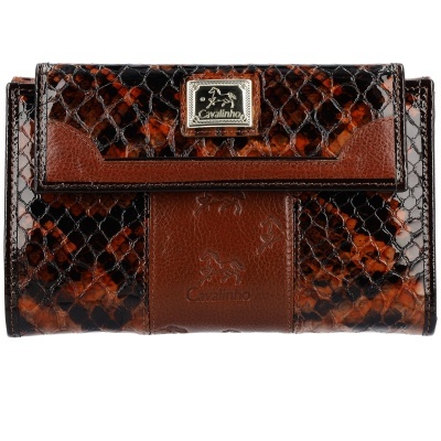 Carteira Cavalinho padrão pele de cobra castanho e preto com detalhes em pele castanha e placa metálica dourada
