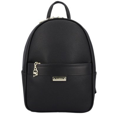 Mochila preta em imitação de pele com fecho dourado e bolso frontal