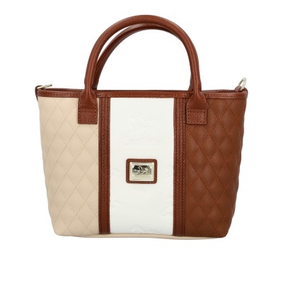 Mala de senhora Cavallinho bege, branco e castanho com alças e placa metálica