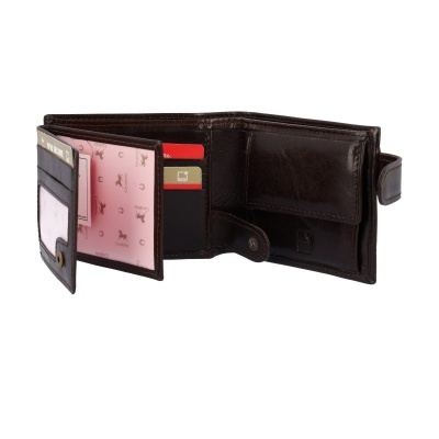 Carteira de pele castanha escura aberta mostrando compartimentos internos