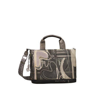 Mala Anekke com design abstracto em tons cinza, bege e preto