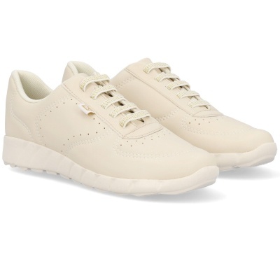 Ténis bege claro para senhora com sola branca e atacadores em bege