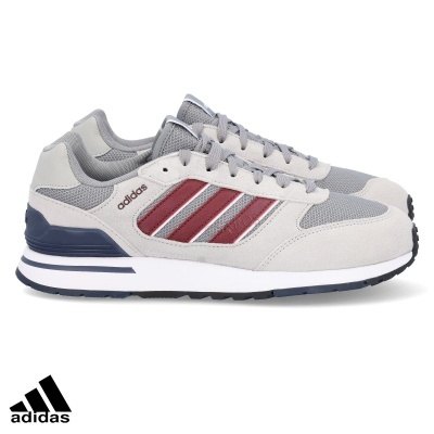 Ténis Adidas cinzento bege com riscas vermelhas e sola branca com risca azul