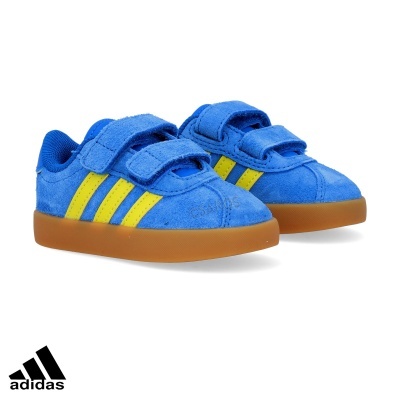 Ténis Adidas azuis com riscas amarelas e sola castanha