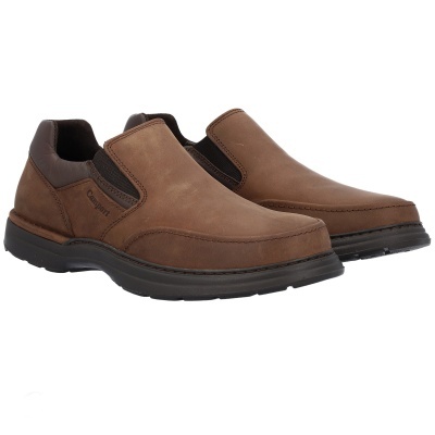 sapatos masculinos castanho claro em pele com sola preta e elásticos laterais pretos