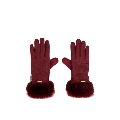 Luvas vinho com punhos peludos e bordado decorativo