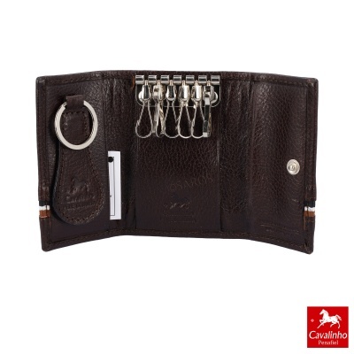 Carteira porta-chaves em pele castanha escura com argolas metálicas