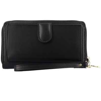 Carteira preta com fecho e alça de mão