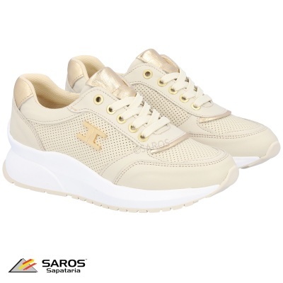 Sapatilhas de senhora bege com sola branca e detalhes dourados