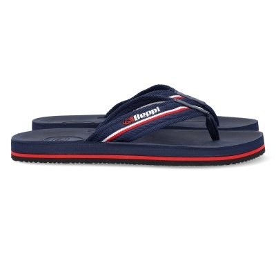 Chinelos de dedo azul escuro com tira azul e texto Beppi